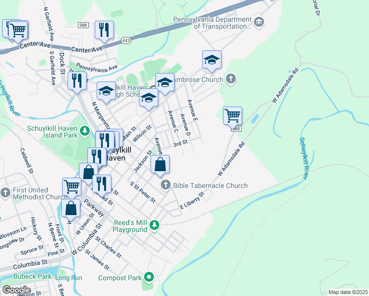 map of restaurants, bars, coffee shops, grocery stores, and more near 161 Avenue C in Schuylkill Haven