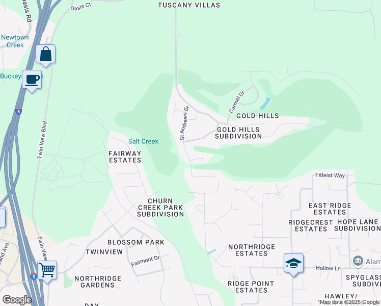 map of restaurants, bars, coffee shops, grocery stores, and more near 1559 Saint Andrews Drive in Redding