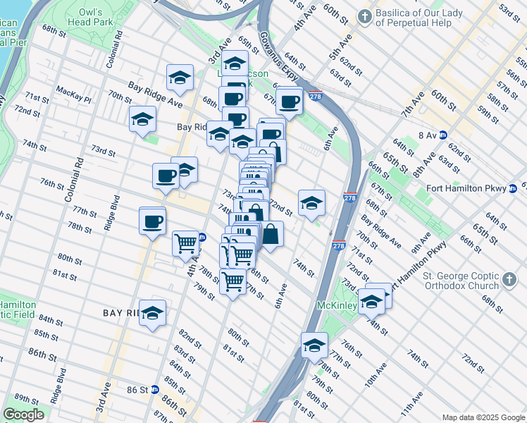 map of restaurants, bars, coffee shops, grocery stores, and more near 7221 5th Avenue in Brooklyn