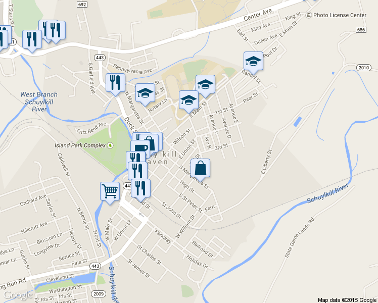 map of restaurants, bars, coffee shops, grocery stores, and more near 416 East Union Street in Schuylkill Haven