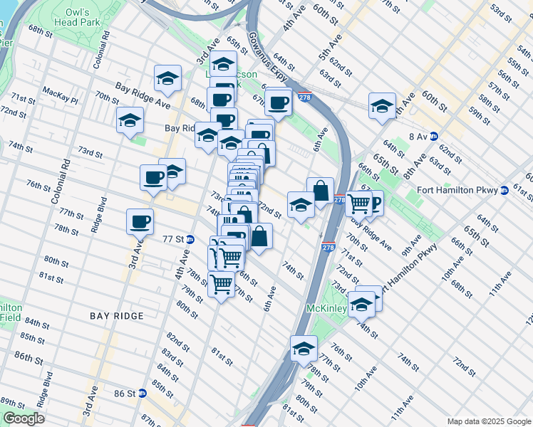 map of restaurants, bars, coffee shops, grocery stores, and more near 534 72nd Street in Brooklyn