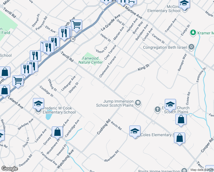 map of restaurants, bars, coffee shops, grocery stores, and more near 918 Terrill Road in Plainfield
