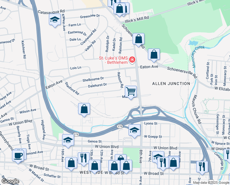 map of restaurants, bars, coffee shops, grocery stores, and more near 1241 Stanford Road in Bethlehem