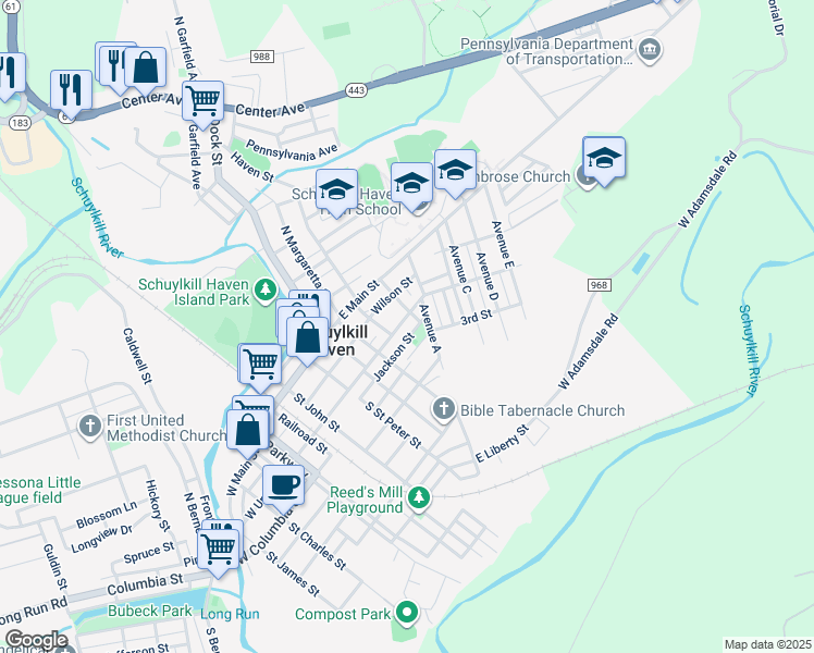 map of restaurants, bars, coffee shops, grocery stores, and more near 416 East Union Street in Schuylkill Haven