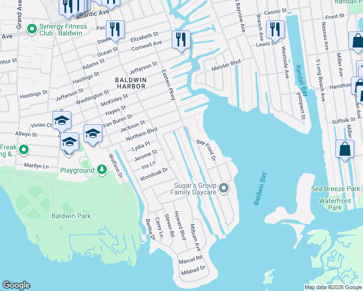 map of restaurants, bars, coffee shops, grocery stores, and more near 3303 Harbor Point Road in Baldwin