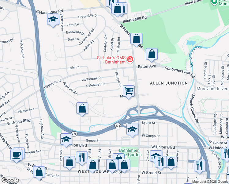 map of restaurants, bars, coffee shops, grocery stores, and more near 1235 Martin Court in Bethlehem
