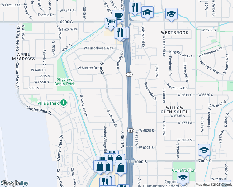 map of restaurants, bars, coffee shops, grocery stores, and more near 3660 Ashland Circle in West Jordan
