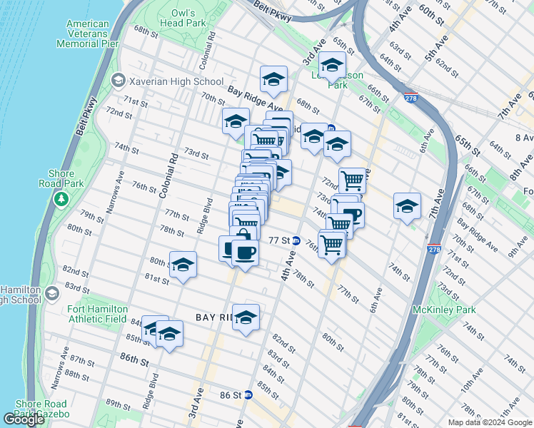 map of restaurants, bars, coffee shops, grocery stores, and more near 347 76th Street in Brooklyn