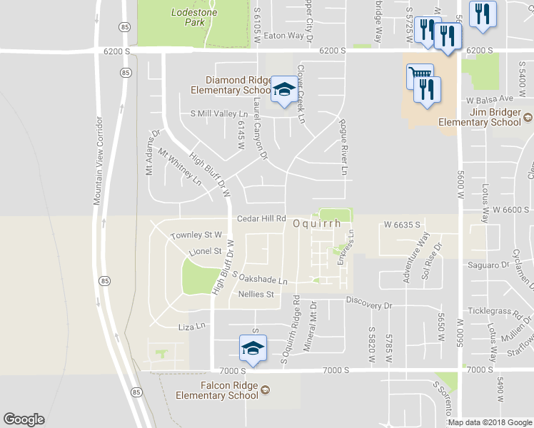 map of restaurants, bars, coffee shops, grocery stores, and more near 6086 Cedar Hill Road in West Jordan