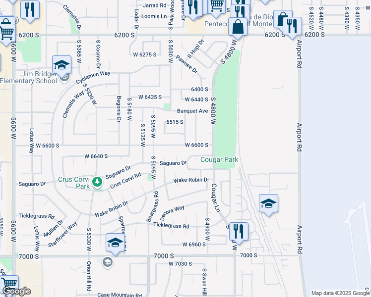 map of restaurants, bars, coffee shops, grocery stores, and more near 4976 Saguaro Drive in West Jordan