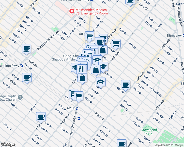map of restaurants, bars, coffee shops, grocery stores, and more near 1373 55th Street in Brooklyn