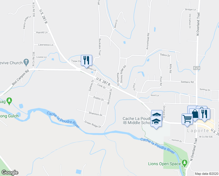 map of restaurants, bars, coffee shops, grocery stores, and more near 3416 McConnell Drive in Laporte