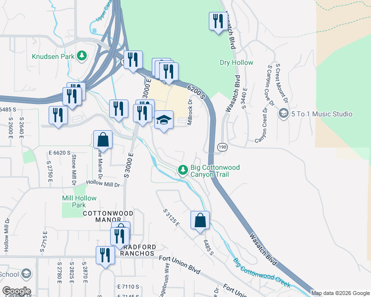 map of restaurants, bars, coffee shops, grocery stores, and more near 6633 Old Mill Circle in Cottonwood Heights