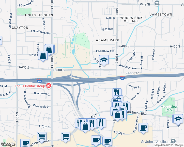 map of restaurants, bars, coffee shops, grocery stores, and more near 1120 East 6600 South in Murray