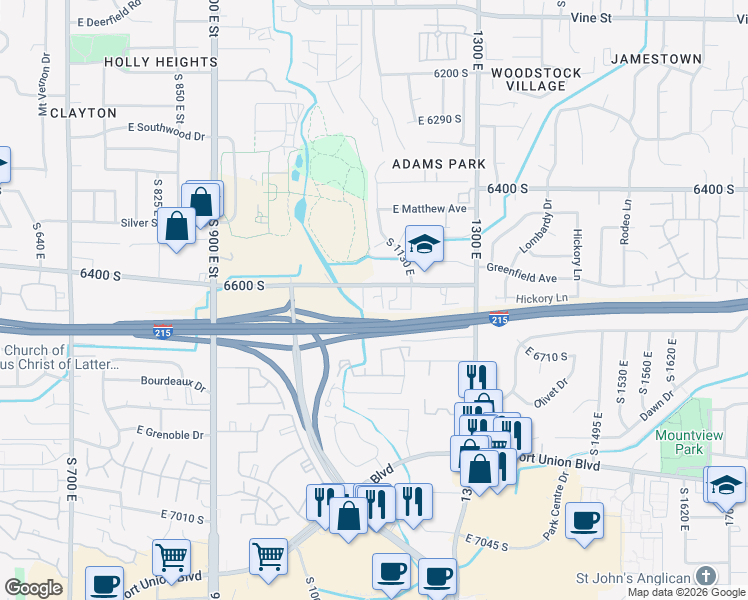 map of restaurants, bars, coffee shops, grocery stores, and more near 1120 East 6600 South in Murray