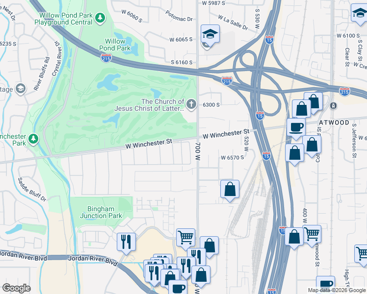map of restaurants, bars, coffee shops, grocery stores, and more near 6529 Sunset Peak Lane in Murray