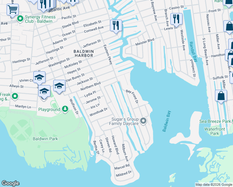 map of restaurants, bars, coffee shops, grocery stores, and more near 3303 Harbor Point Road in Baldwin