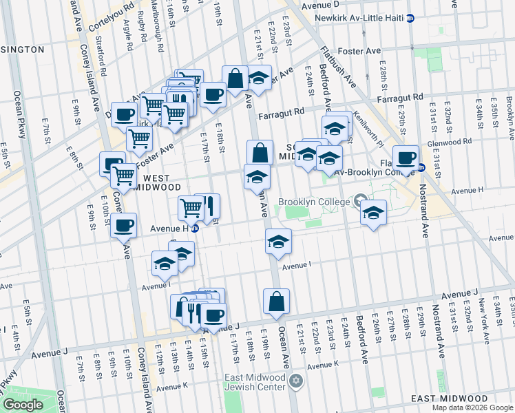 map of restaurants, bars, coffee shops, grocery stores, and more near 1924 H Avenue in Brooklyn