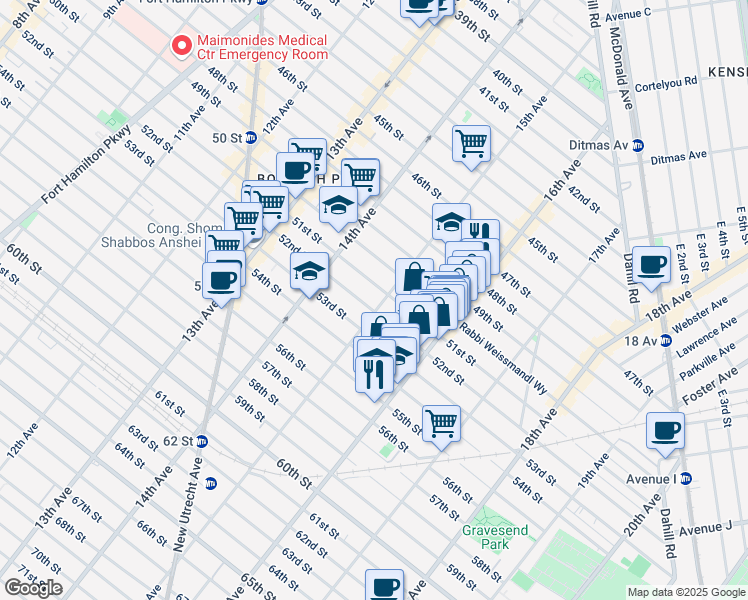 map of restaurants, bars, coffee shops, grocery stores, and more near 1515 52nd Street in Brooklyn