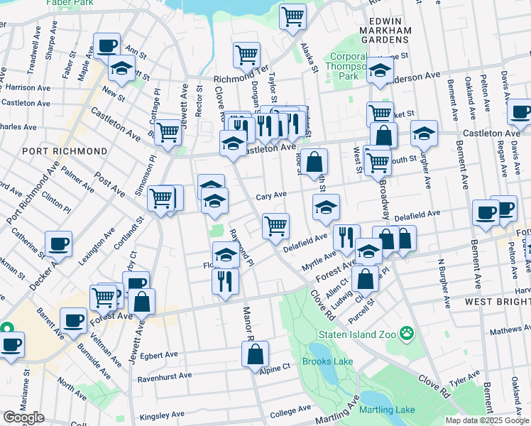 map of restaurants, bars, coffee shops, grocery stores, and more near 15 Guinevere Lane in Staten Island