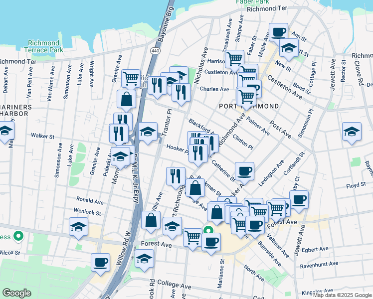 map of restaurants, bars, coffee shops, grocery stores, and more near 43 Walker Street in Staten Island