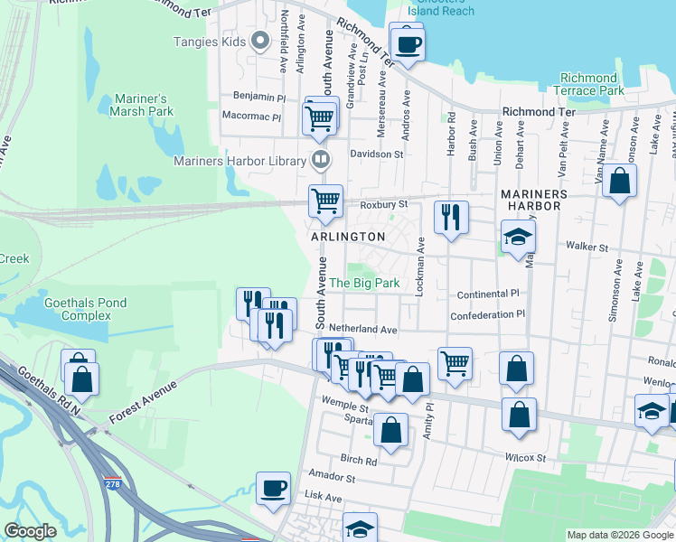 map of restaurants, bars, coffee shops, grocery stores, and more near in Staten Island