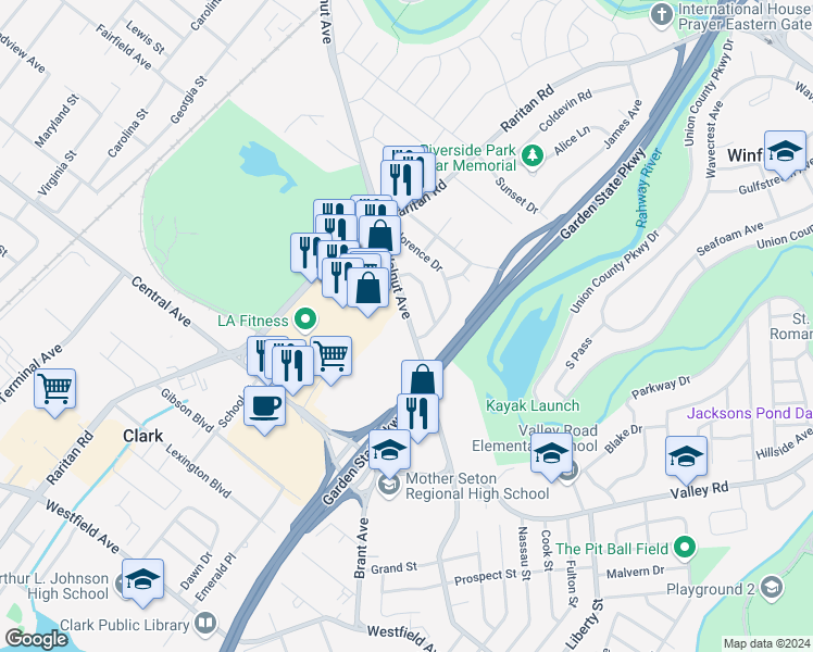map of restaurants, bars, coffee shops, grocery stores, and more near 101 Walnut Avenue in Clark