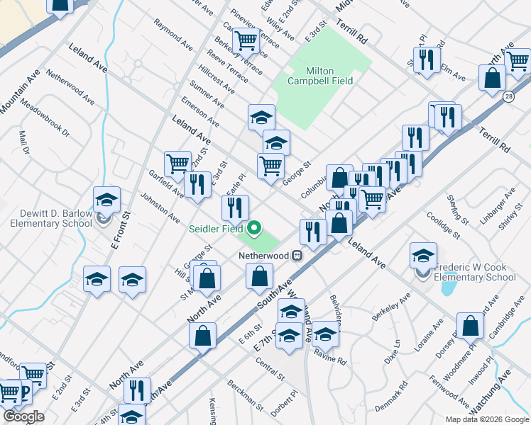 map of restaurants, bars, coffee shops, grocery stores, and more near 317 Netherwood Avenue in Plainfield
