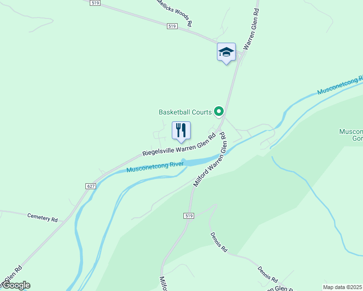 map of restaurants, bars, coffee shops, grocery stores, and more near 604 County Road 627 in Bloomsbury