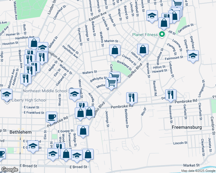 map of restaurants, bars, coffee shops, grocery stores, and more near 852 Media Street in Bethlehem