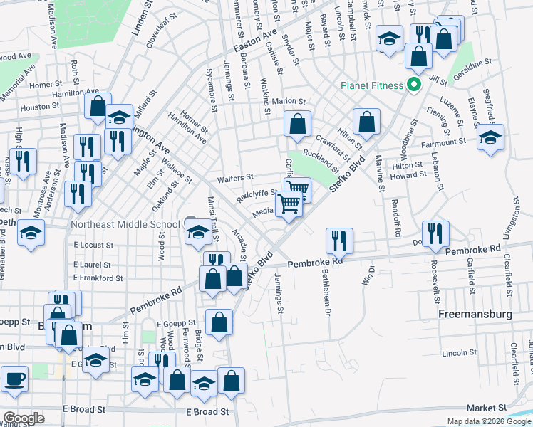 map of restaurants, bars, coffee shops, grocery stores, and more near 821 East Washington Avenue in Bethlehem
