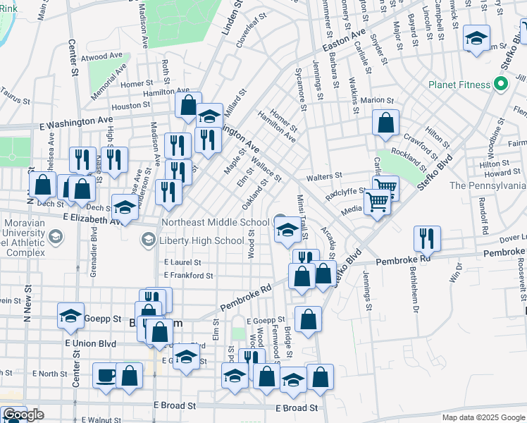 map of restaurants, bars, coffee shops, grocery stores, and more near 1402 Wood Street in Bethlehem