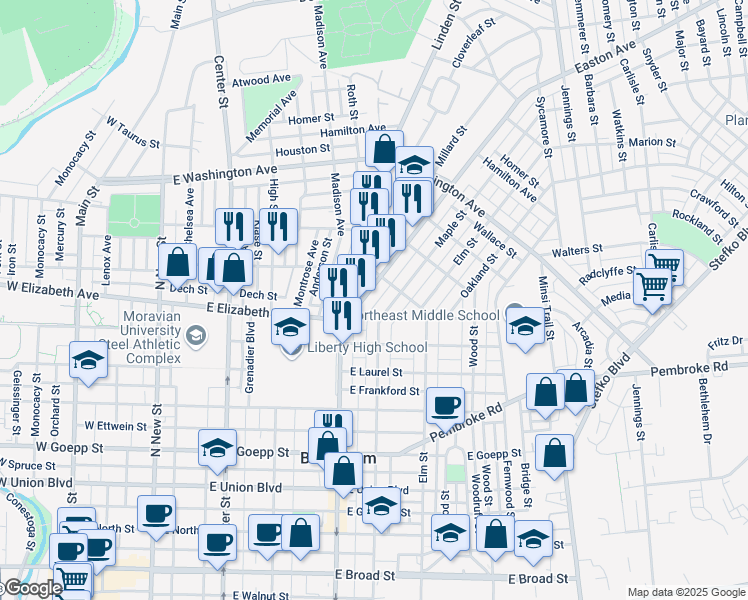 map of restaurants, bars, coffee shops, grocery stores, and more near 1225 Maple Street in Bethlehem