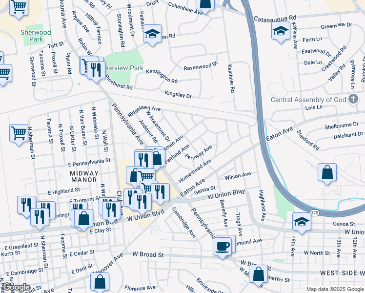 map of restaurants, bars, coffee shops, grocery stores, and more near 2041 Fernway Avenue in Bethlehem