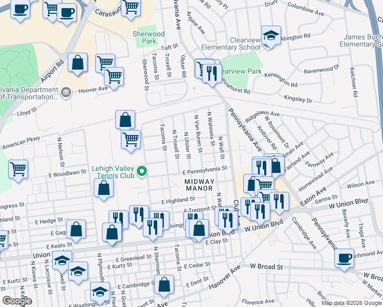 map of restaurants, bars, coffee shops, grocery stores, and more near 1220 North Van Buren Street in Allentown