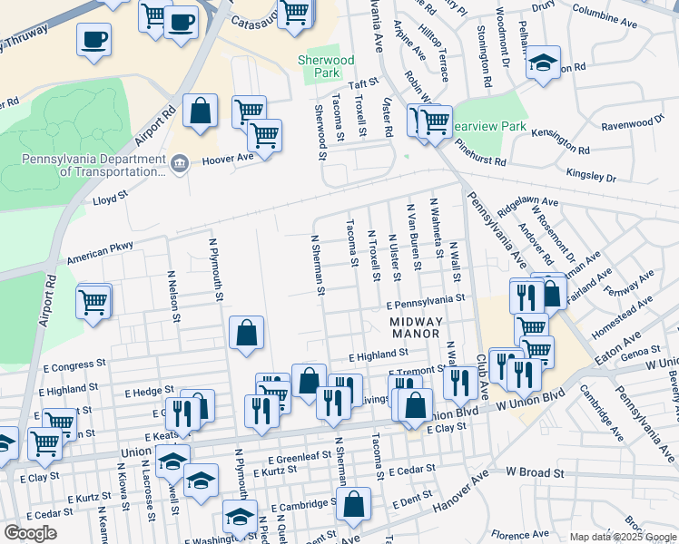 map of restaurants, bars, coffee shops, grocery stores, and more near 1936 East Woodlawn Street in Allentown