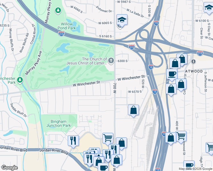 map of restaurants, bars, coffee shops, grocery stores, and more near 6413 South 740 West in Murray