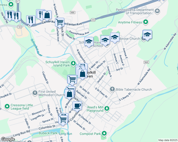 map of restaurants, bars, coffee shops, grocery stores, and more near 214 East Main Street in Schuylkill Haven