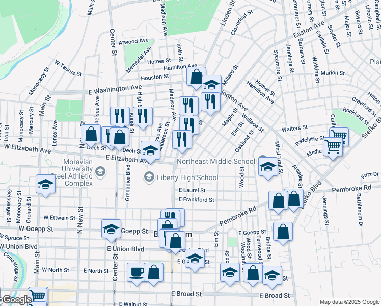 map of restaurants, bars, coffee shops, grocery stores, and more near 1225 Maple Street in Bethlehem