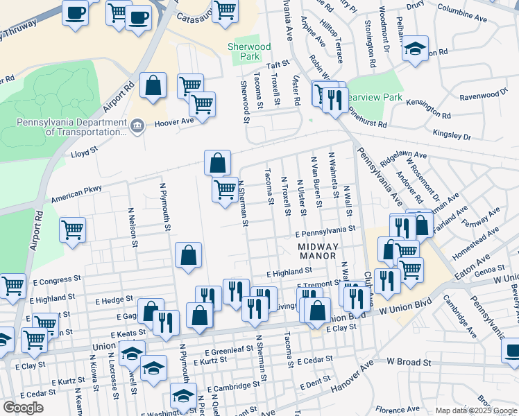 map of restaurants, bars, coffee shops, grocery stores, and more near 1936 East Woodlawn Street in Allentown