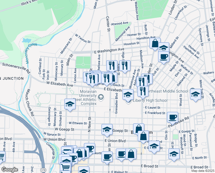 map of restaurants, bars, coffee shops, grocery stores, and more near 65 East Elizabeth Avenue in Bethlehem