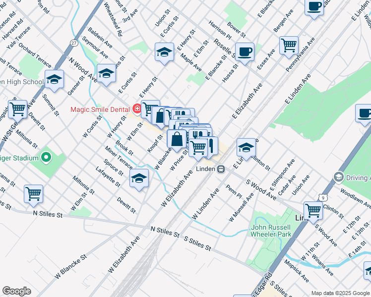 map of restaurants, bars, coffee shops, grocery stores, and more near 40 West Price Street in Linden