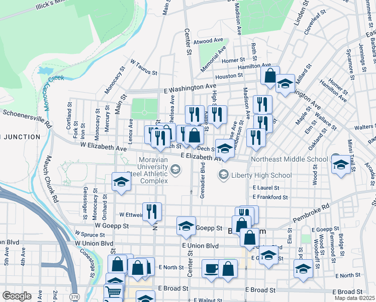 map of restaurants, bars, coffee shops, grocery stores, and more near 1226 Center Street in Bethlehem