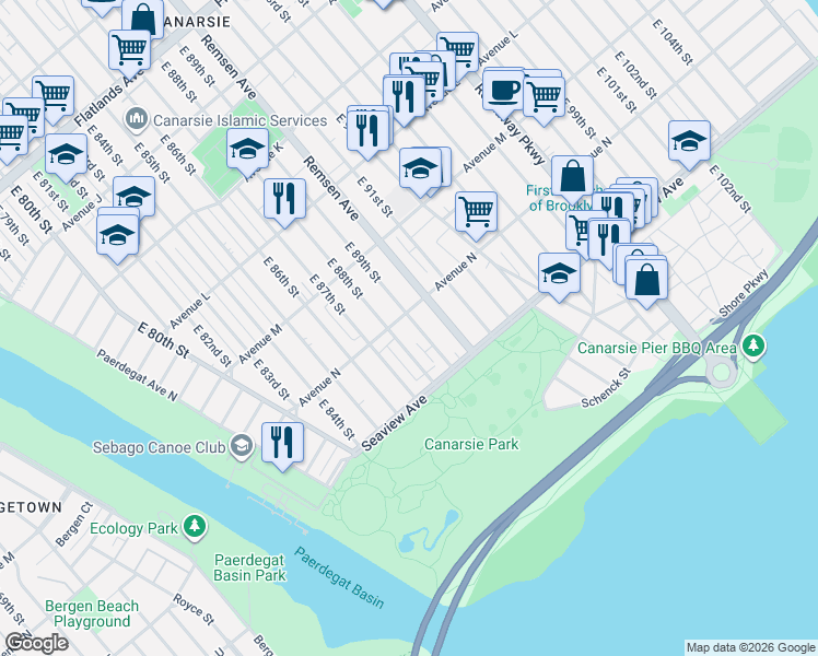 map of restaurants, bars, coffee shops, grocery stores, and more near 1429 East 88th Street in Brooklyn