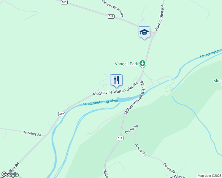 map of restaurants, bars, coffee shops, grocery stores, and more near 604 County Road 627 in Bloomsbury