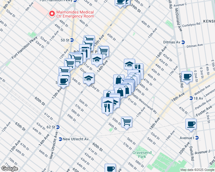 map of restaurants, bars, coffee shops, grocery stores, and more near 5100 15th Avenue in Brooklyn