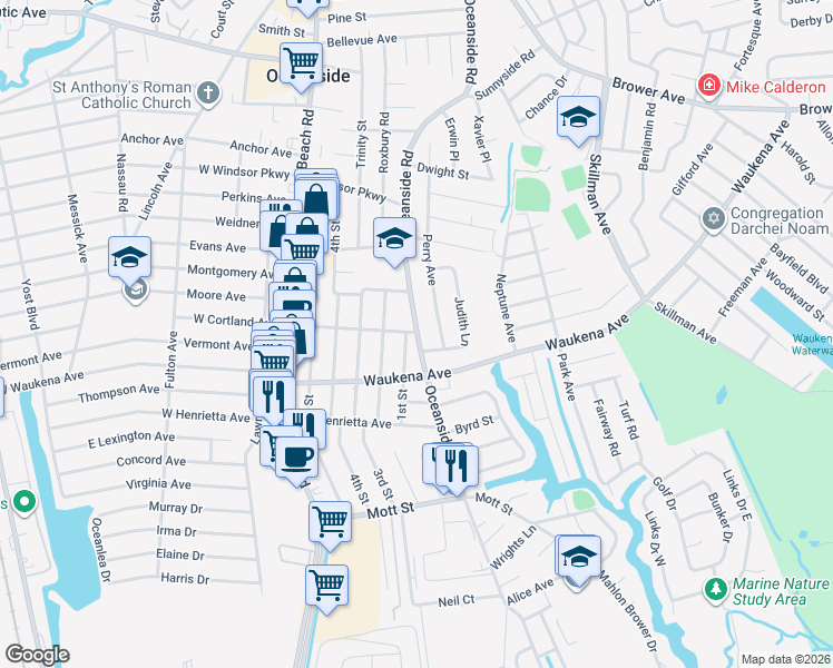 map of restaurants, bars, coffee shops, grocery stores, and more near in Oceanside