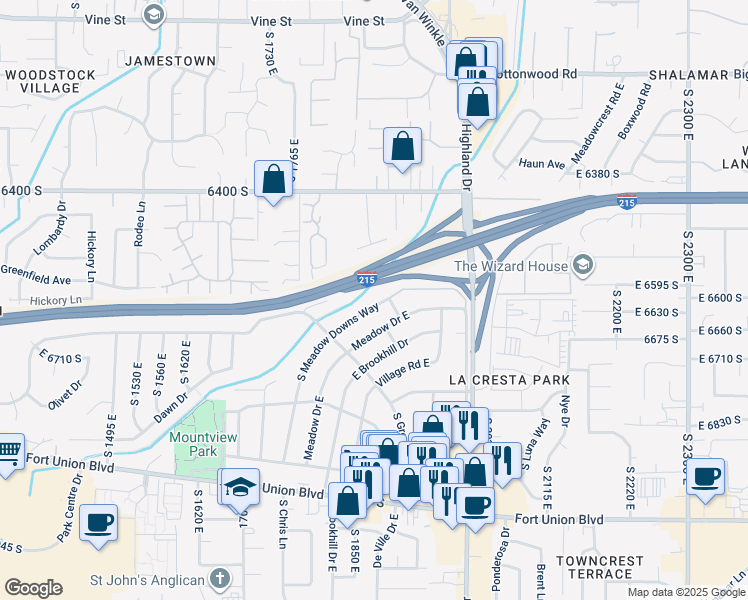 map of restaurants, bars, coffee shops, grocery stores, and more near 1881 Meadow Downs Way in Cottonwood Heights