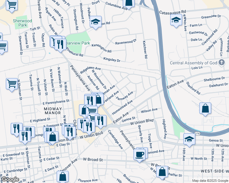 map of restaurants, bars, coffee shops, grocery stores, and more near 2041 Fernway Avenue in Bethlehem