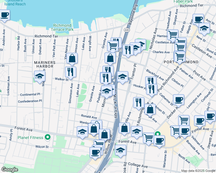 map of restaurants, bars, coffee shops, grocery stores, and more near Morningstar Rd & Walker St in Staten Island